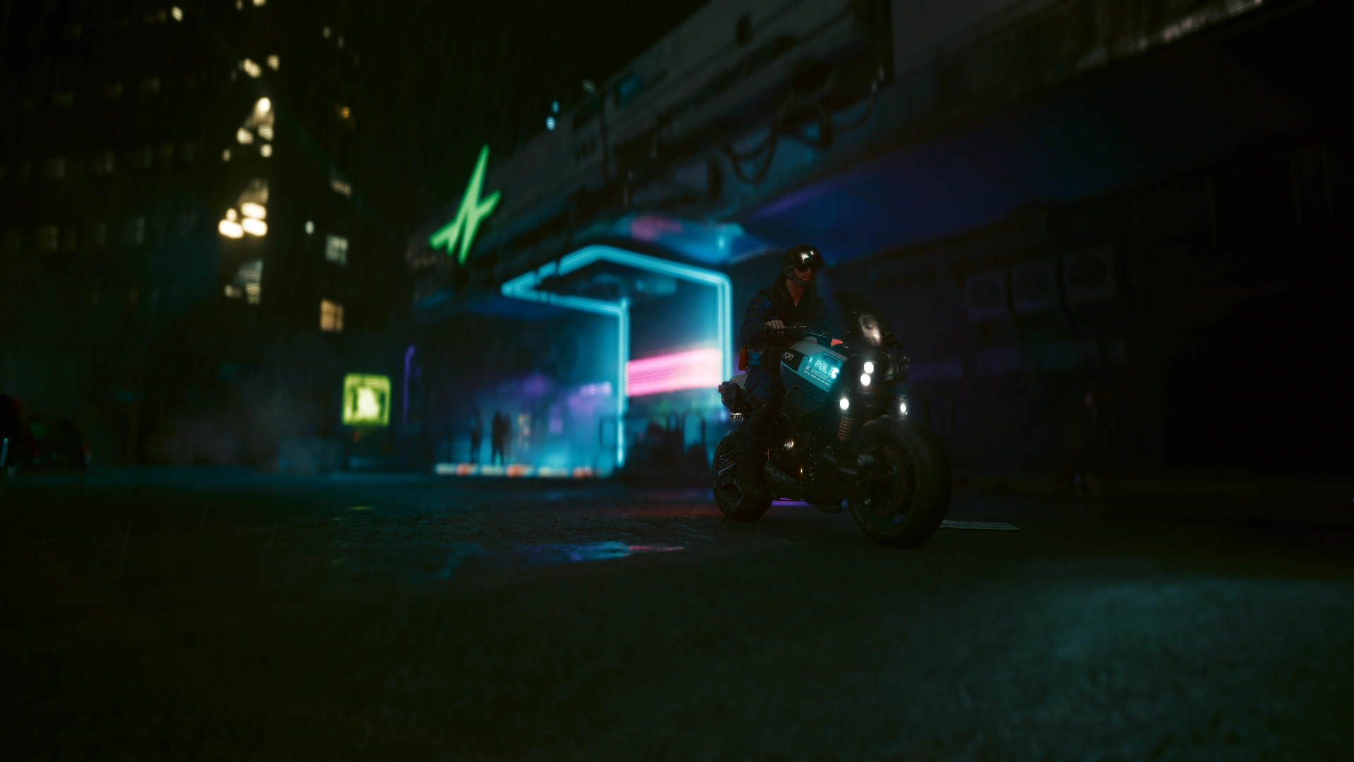 An NCPD officer on a police motorcycle in the rain, outside a shopfront framed in cyan neon
