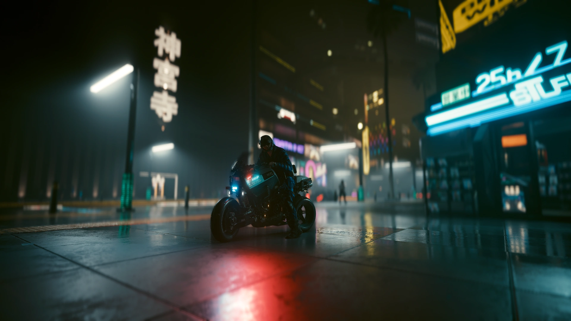 An officer on a police motorcycle on a wet plaza in the fog, red light spilling across the paving and neon shopfronts behind