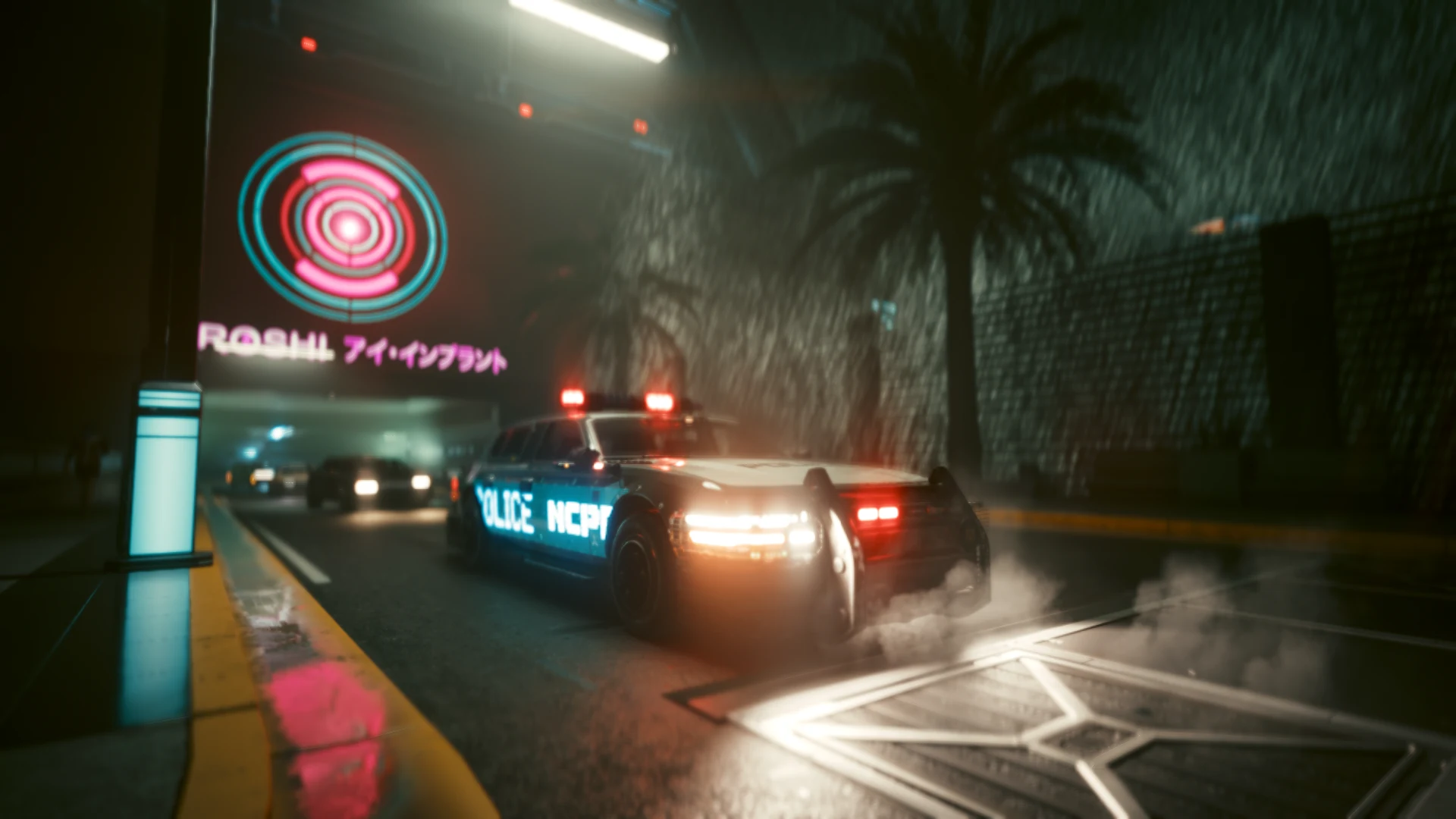 A Villefort Cortes pulling out in the rain with its roof lights glowing red, tyre smoke behind it and POLICE NCPD lit in blue along its flank, beneath a ROSHI neon sign