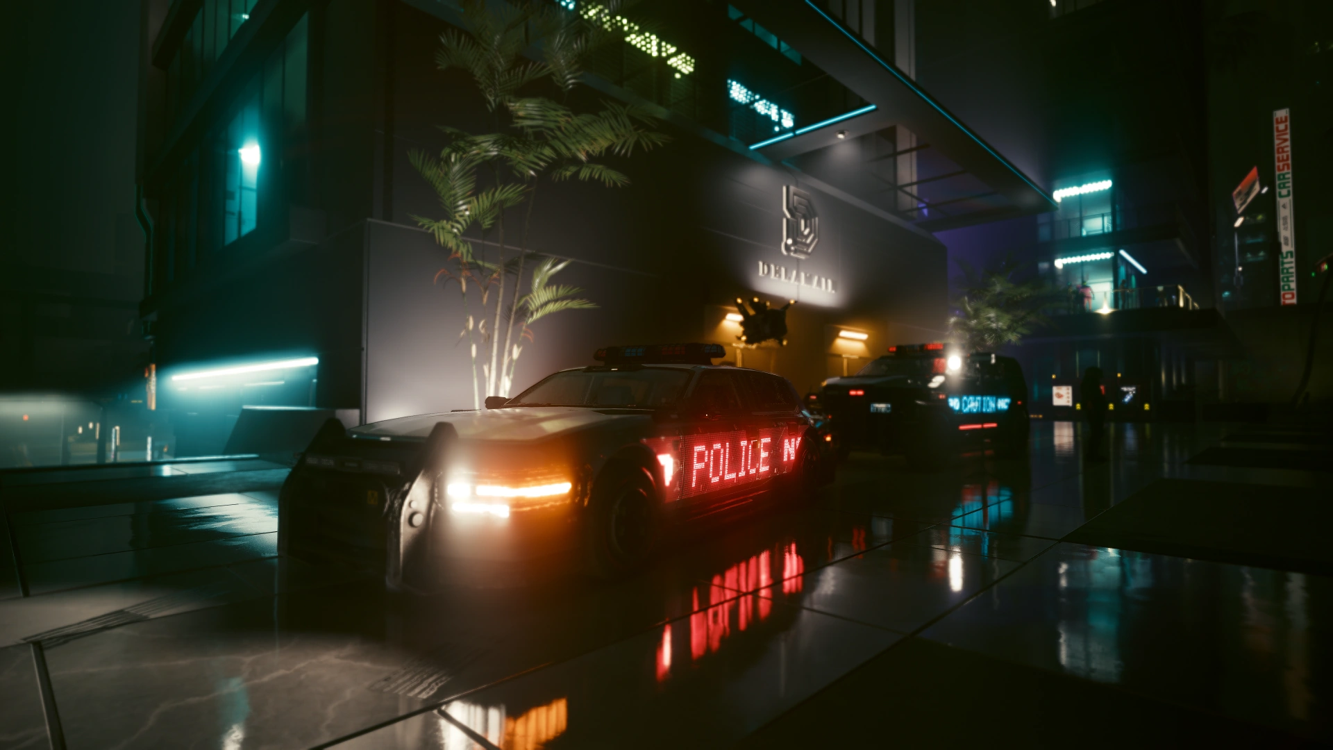 A patrol car pulling up outside the Delamain building with its headlights on and POLICE NCPD lit red, a second unit behind it
