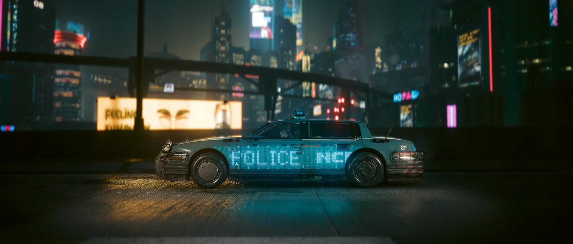 The Villefort Cortes side-on at night, POLICE NCPD lit cyan along its side, as it appears in the fleet menu