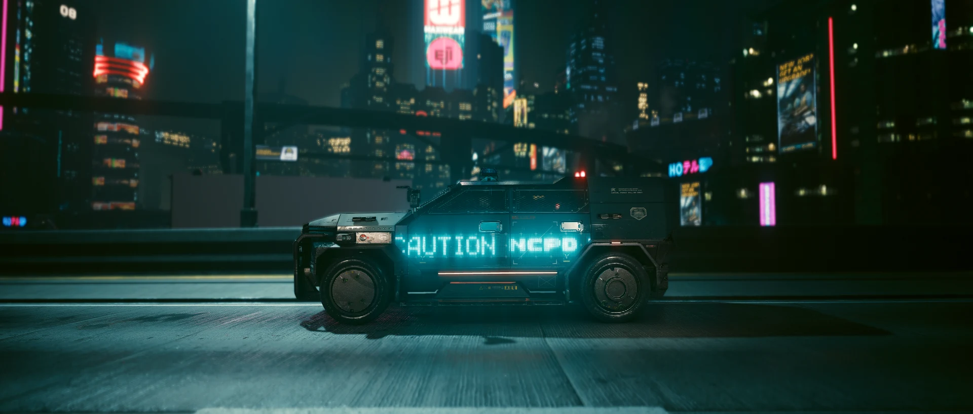 The Chevalier Emperor side-on at night, CAUTION NCPD lit cyan along its side, as it appears in the fleet menu