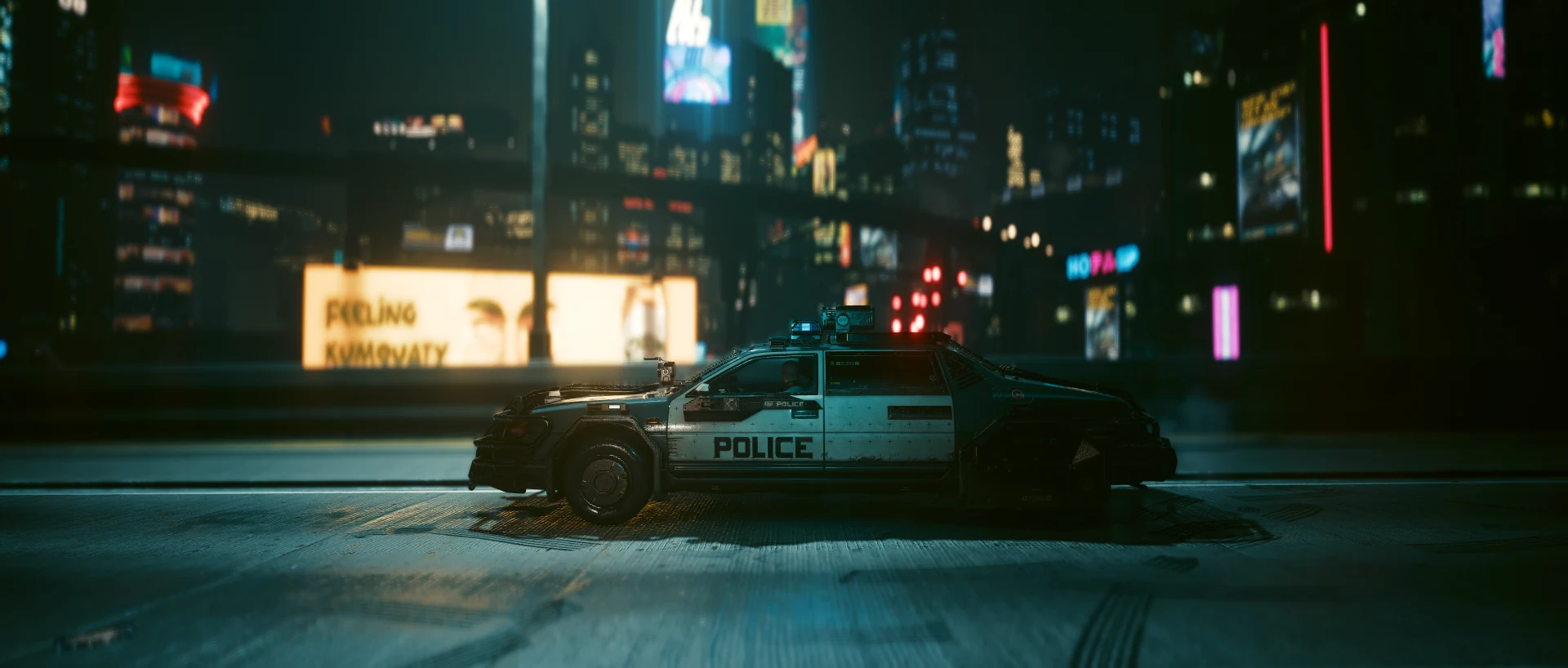 The black-and-white Archer Hella side-on at night, POLICE on its door, as it appears in the fleet menu