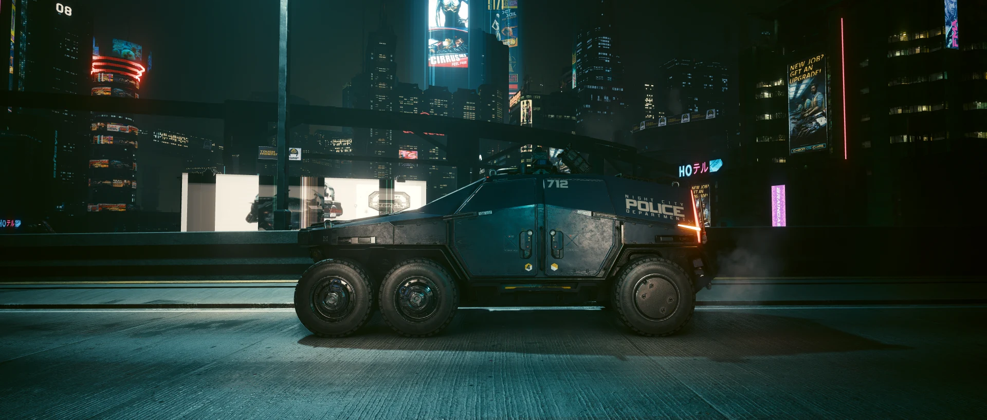 The Militech Hellhound side-on at night against the city skyline, one of six profile shots taken for the fleet menu