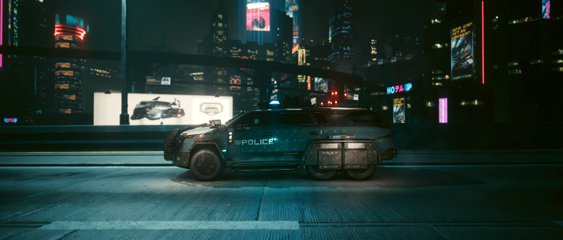 The Thorton Merrimac side-on at night, POLICE on its door, as it appears in the fleet menu